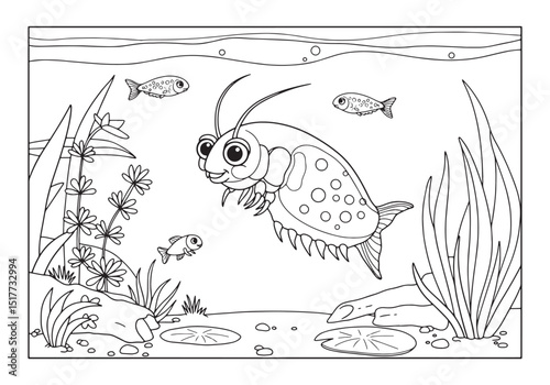 Daphnia Water Flea and Fish in Aquatic Coloring Book Illustratio