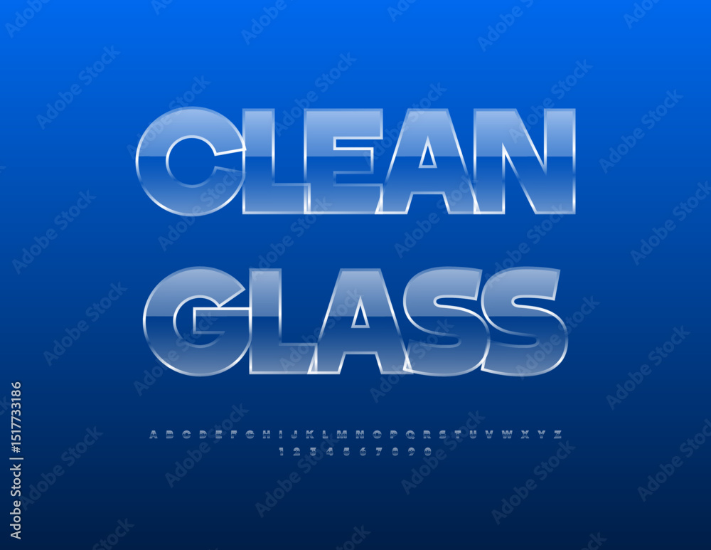 Fototapeta premium Vector Clean Glass Font. Glossy Transparent Alphabet Letters and Numbers set.