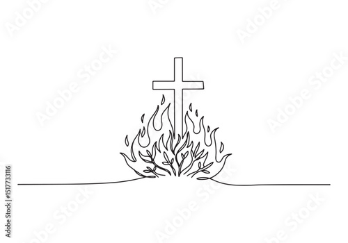 Continuous line drawing of a cross rising from flames illustrati