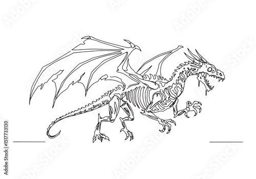 Detailed one-line drawing of a undead dragon skeleton with wings