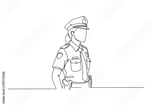 Female Police Officer in Continuous Line Drawing, Law Enforcemen