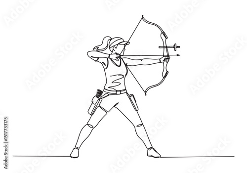 Continuous line drawing of female archer aiming with bow and arr