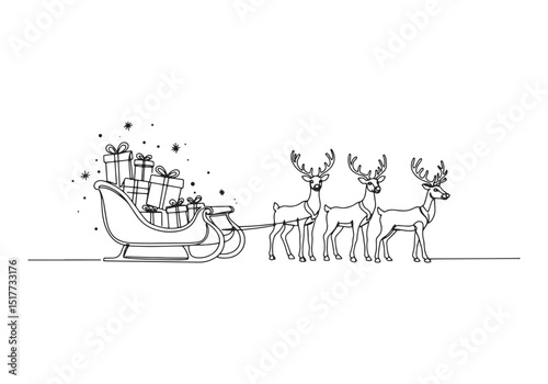 Continuous line drawing of reindeers pulling sleigh with gifts f
