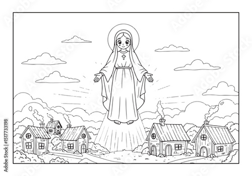 black and white virgin mary over village clip art preview