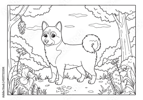 Basenji dog in natural habitat coloring page with detailed backg