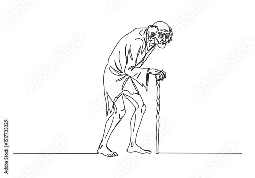 Continuous line drawing of a scary old man with a cane illustrat