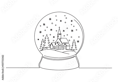 Elegant winter scene snow globe illustration in continuous oneli