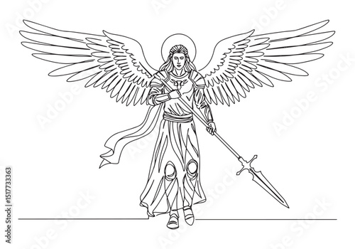 Ithuriel Angel Continuous Line Drawing in Black and White Illust