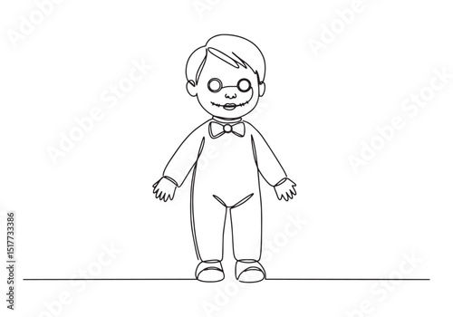 Spooky continuous line drawing of a creepy doll with glasses and