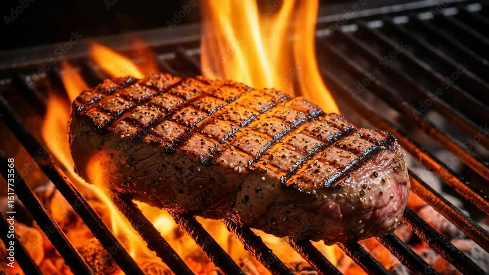 Grilled steak searing on barbecue grill, surrounded by vibrant flames. cooking BBQ process, with charred grill marks and juicy texture, representing culinary excellence and outdoor dining experience