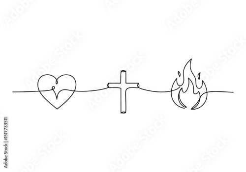 Continuous line drawing symbolizing faith, heart, cross, and fir
