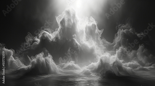 Radiant light through towering storm clouds. Black and white dramatic sky with atmospheric contrast. Ideal for emotional visuals, storytelling, or spiritual designs.
