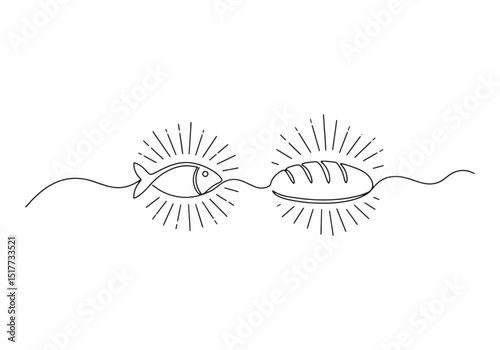 Continuous line drawing of fish and bread with radiant light aur