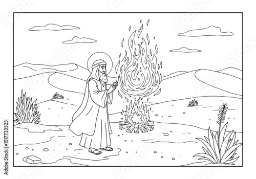 Spiritual encounter with fire in the desert, coloring book style