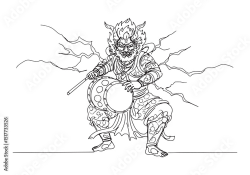 Monochrome Illustration of Raijin, the Japanese God of Thunder a