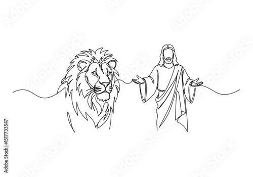 Lion and Jesus Christ in a Continuous Line Drawing Black and Whi