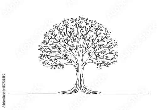 Elegant oneline drawing of a deciduous tree with leaves in black
