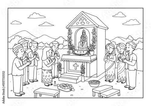 Coloring book page depicting a religious dedication ceremony wit