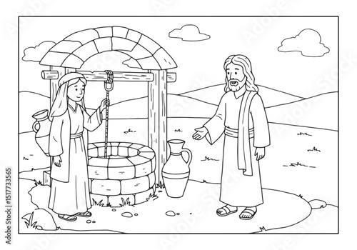 Biblical Scene, Jesus and Samaritan Woman at the Well Coloring P