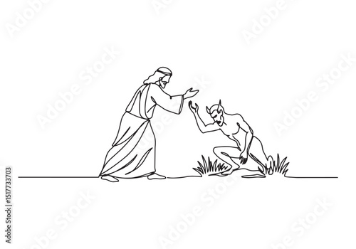 Continuous Line Drawing Depicting Jesus Triumphing Over Evil in
