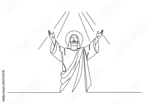Continuous line drawing of Jesus Christ with open arms outstretc