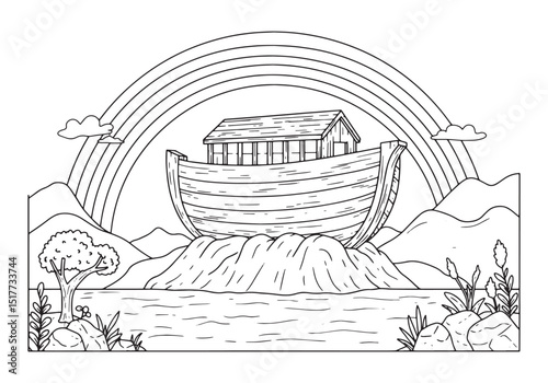 Noah's Ark Coloring Page with Rainbow and Landscape Illustration