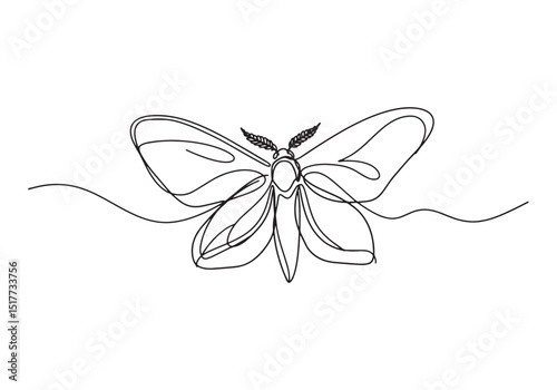 Minimalist moth illustration in continuous line art, simple and