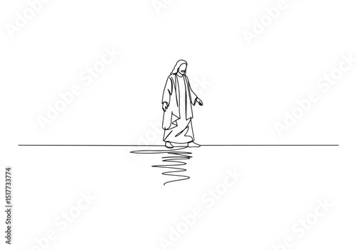 Minimalist One-Line Drawing of Jesus Christ Walking on Water Ill