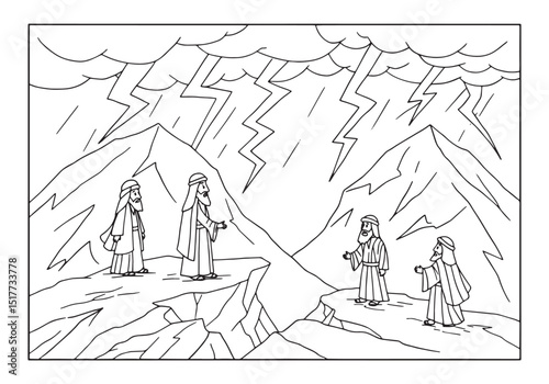 Line Art Depicting Biblical Figures in a Mountainous Landscape
