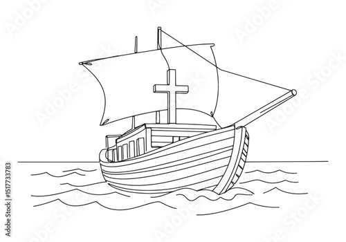 Continuous Line Drawing of a Ship with a Cross on the Mast Saili