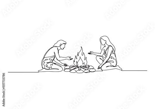 Continuous Line Drawing of Adam and Eve discovering fire illustr