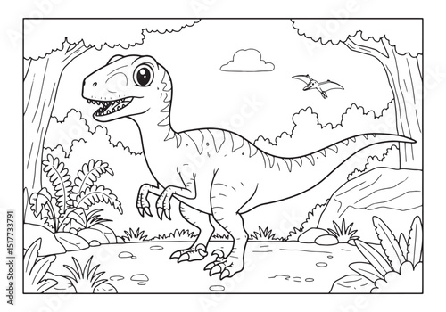 Velociraptor Adventure, Coloring Book Page with Prehistoric Scen