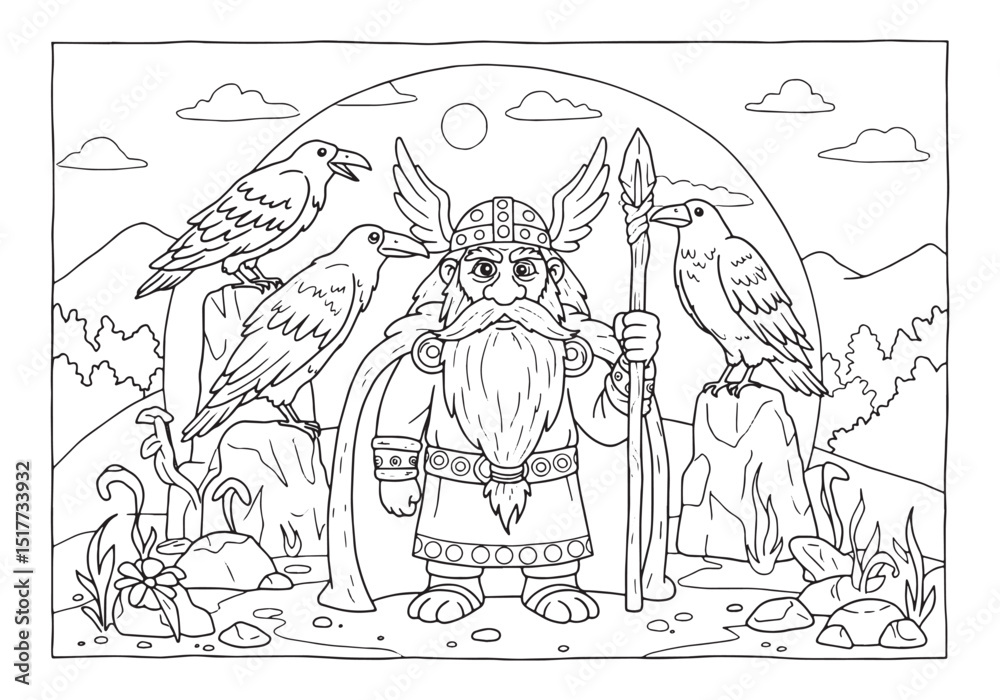 Fototapeta premium Detailed coloring page illustration of Odin with his ravens in b