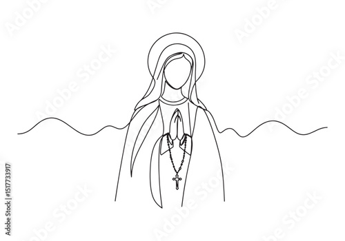Continuous Line Drawing of Virgin Mary with Rosary and Halo Illu