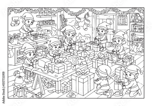 Charming Christmas elves wrapping presents in a monochrome color