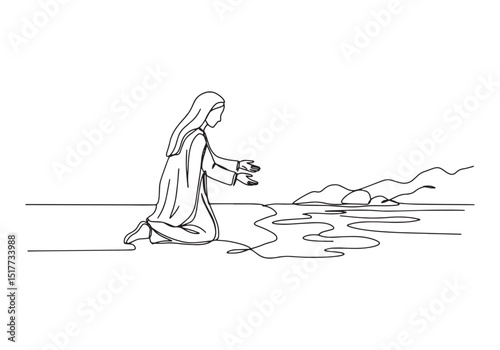 Praying woman in continuous line art on seashore with mountain v