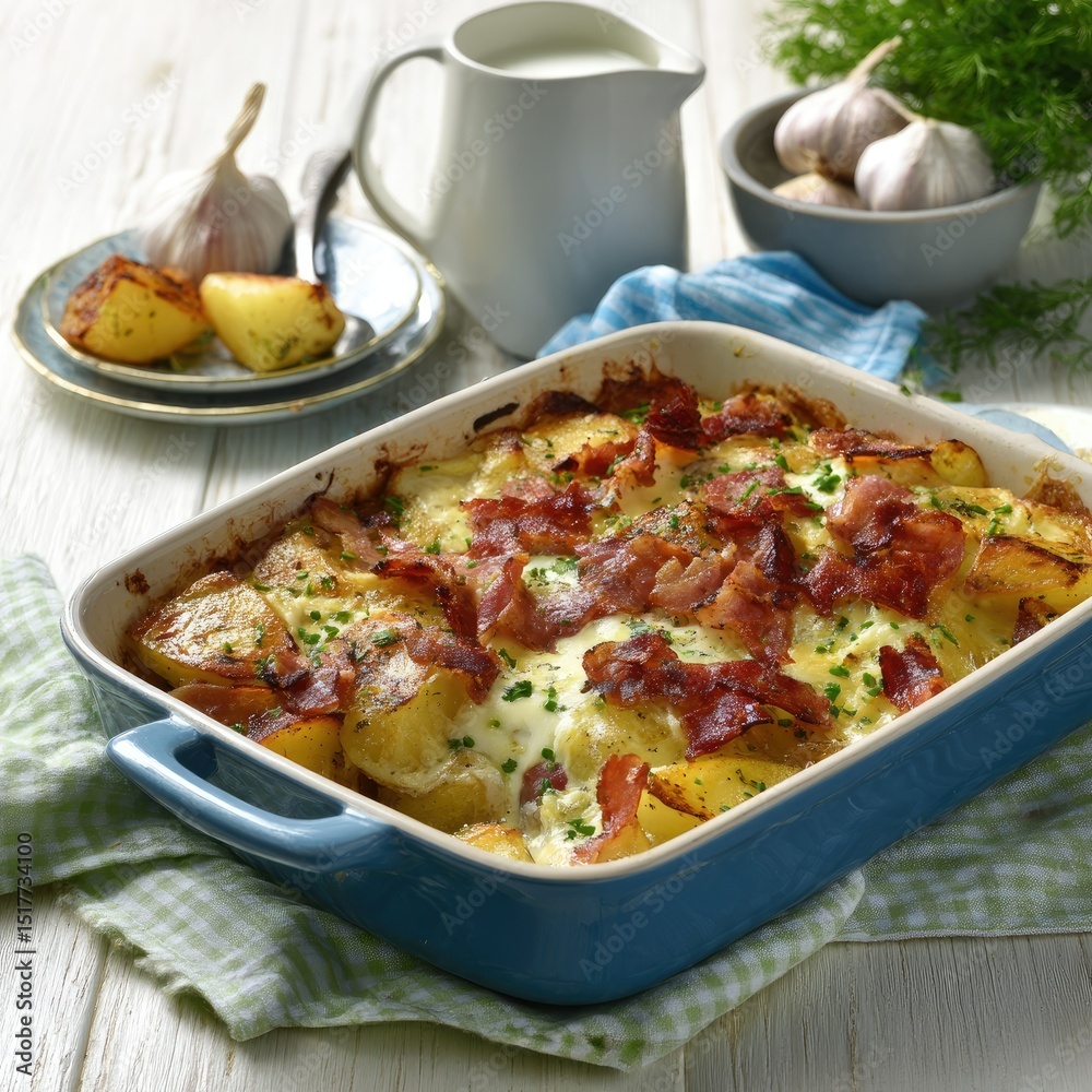 Baked potato dish with bacon, garnished with herbs Baked potato dish with bacon, garnished with herbs