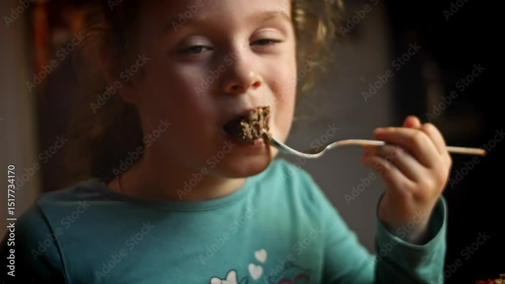 The girl serves falsher hase that gives steam. She is very happy. Falscher Hase recipe. 4k video recipe