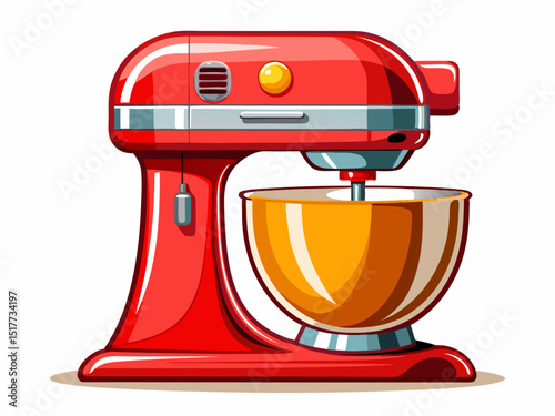 vector of Classic glossy red kitchen mixer for home cooking, appliance front view, isolated against white background. A mixing bowl.