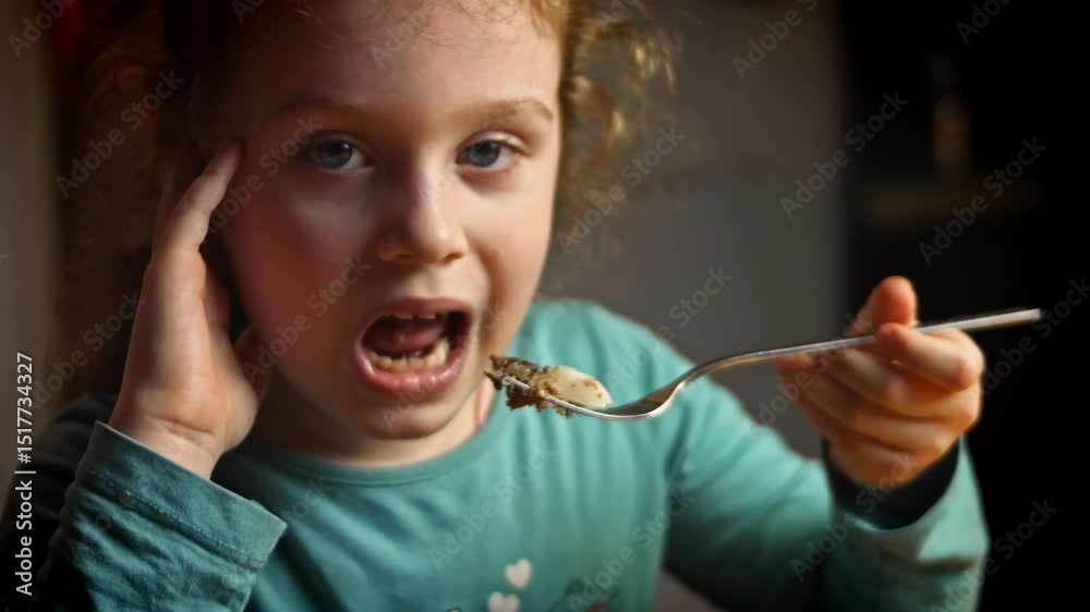 The girl serves falsher hase that gives steam. She is very happy. Falscher Hase recipe. 4k video recipe