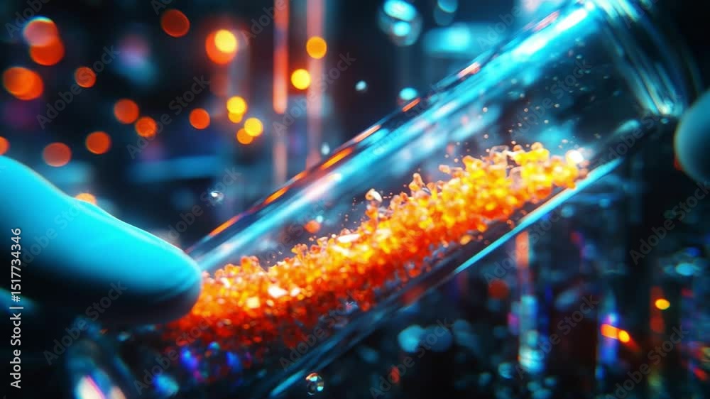 Macro view of PET plastic flakes inside a tilted bioreactor vial as a scientist initiates enzymatic dissolution under neon lighting, capturing the vibrant breakdown process in a futuristic lab setting