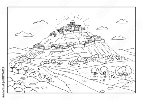 Detailed Coloring Page of the Mount of Olives with Intricate Bui
