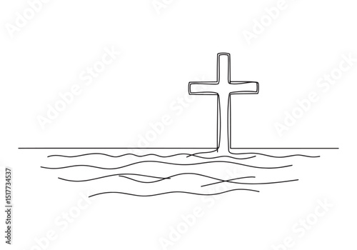 Minimalist continuous line drawing of cross over the sea illustr