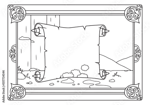 Detailed coloring page featuring a scroll framed by nature eleme
