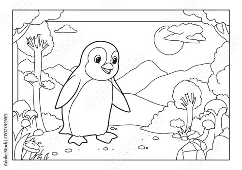 Adorable penguin in a playful landscape coloring page illustrati