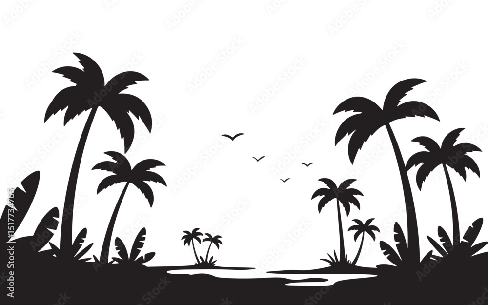 Fototapeta premium Tropical Beach Silhouette with Palm Trees and Birds Vector Illustration