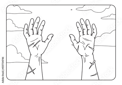 Scars and sky, A black and white illustration of scarred hands r