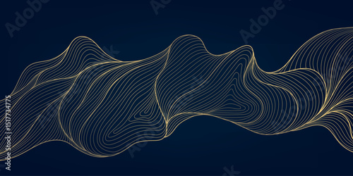 Vector line golden japanese wave, elegant sea ornament, art deco fancy background. Elegant banner, wavy fantasy pattern, curve abstract design.