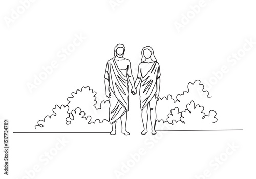 Adam and Eve in a Minimalist One-Line Drawing Depicting Creation