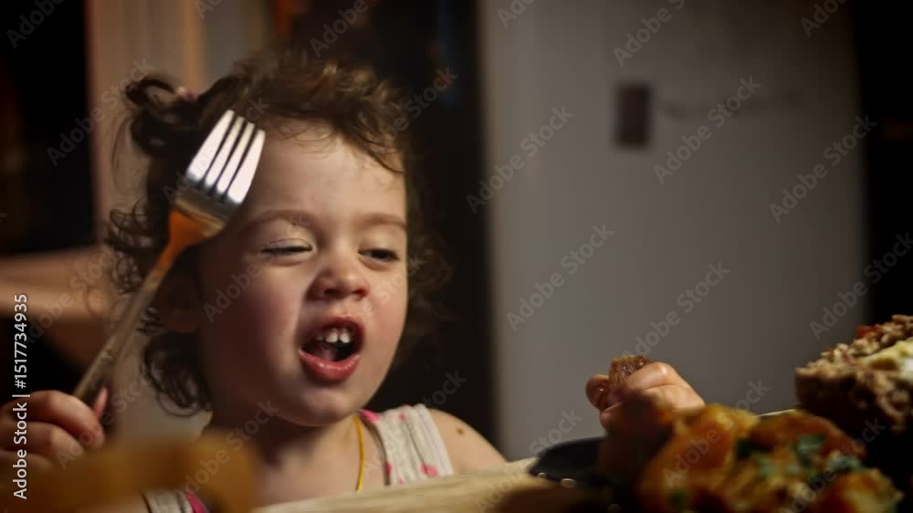 The girl serves falsher hase that gives steam. She is very happy. Falscher Hase recipe. 4k video recipe